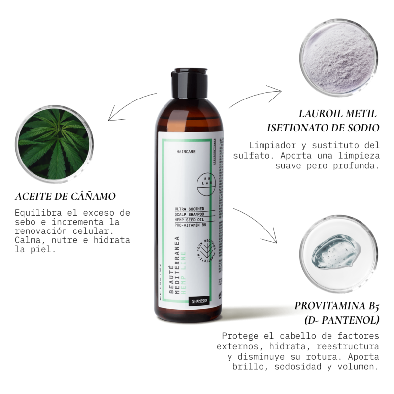 Beauté mediterranea Ultra Soothed Scalp Champú con aceite de Cáñamo sin Sulfatos Últimos 3 días