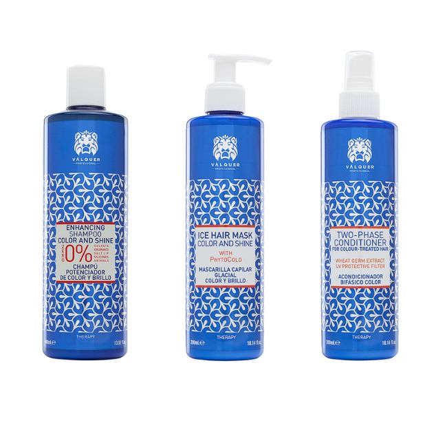 valquer laboratorios Pack Potenciador color y brillo para Cabellos Teñidos - Champú Mascarilla y Acondicionador Bifásico - 1000 ml