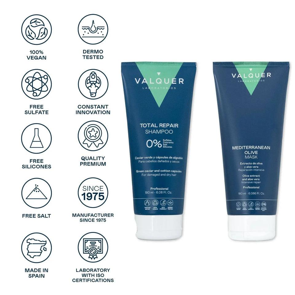 valquer laboratorios Pack Champú y Mascarilla Capilar de Oliva Reparación Total - 180 ml + 180 ml Oferta exclusiva