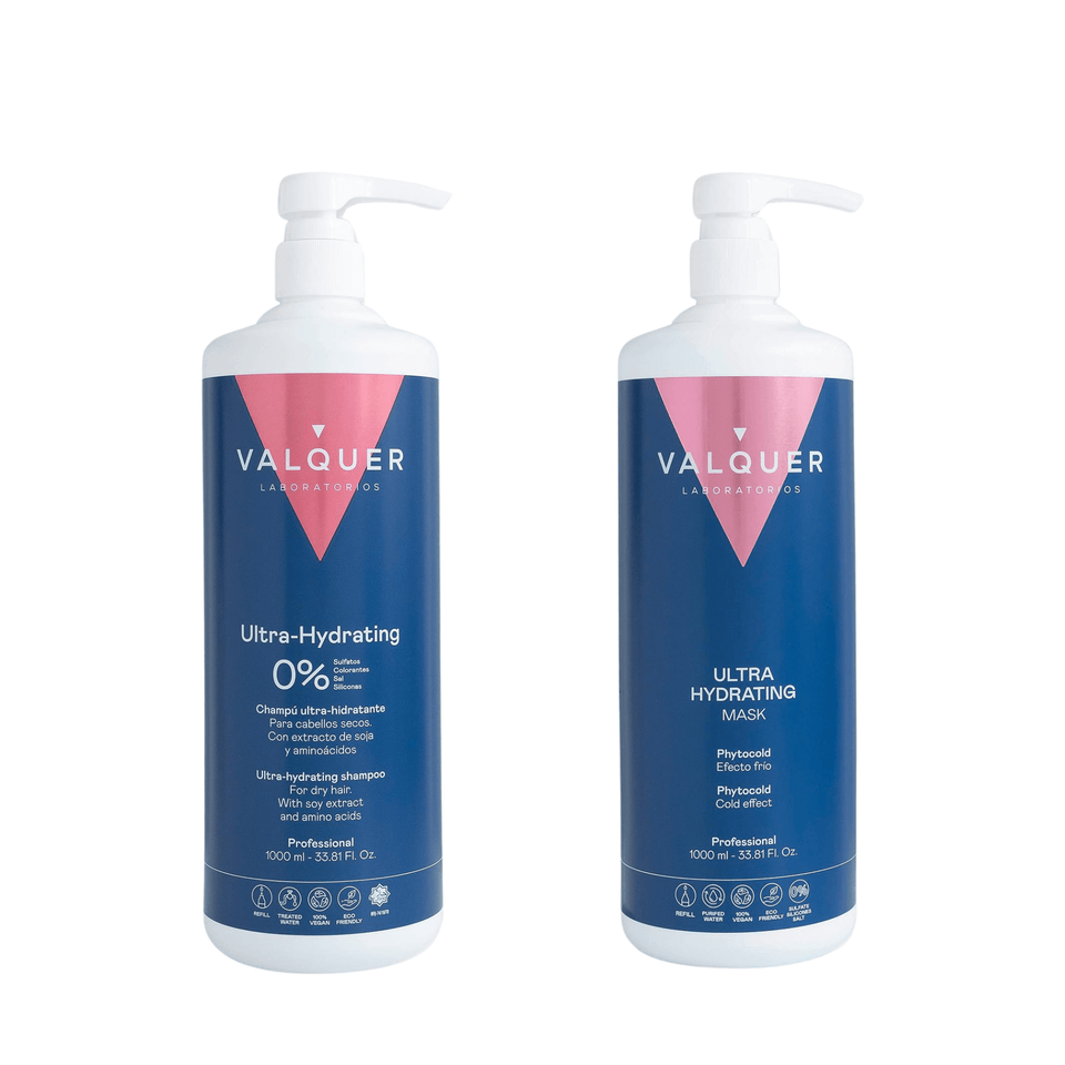 valquer laboratorios Pack Ultrahidratante Champú y Mascarilla efecto frío para Cabellos Secos - 1000 ml + 975 ml