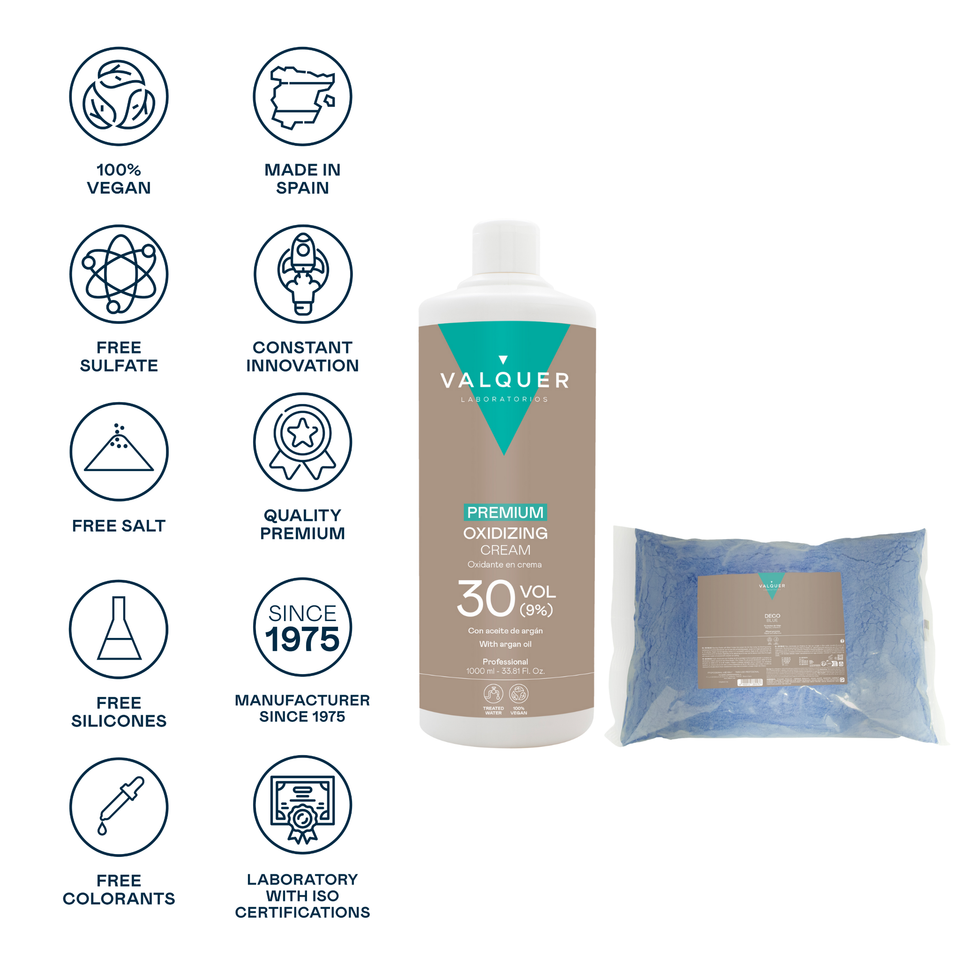 valquer laboratorios Pack Deco – Oxidante Premium Ultra-Cremoso 30 Vol (9%) 1000 ml + Decoblue Polvos Decolorantes Rebajas