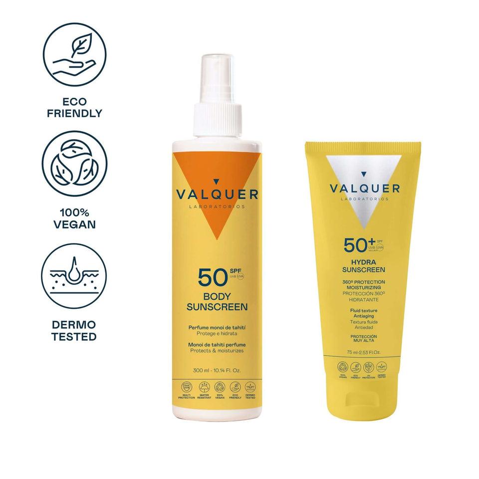 valquer laboratorios Pack Protección Solar Completa: Hydra Sunscreen Facial SPF 50+ y Corporal SPF 50 - 375 ml Venta caliente