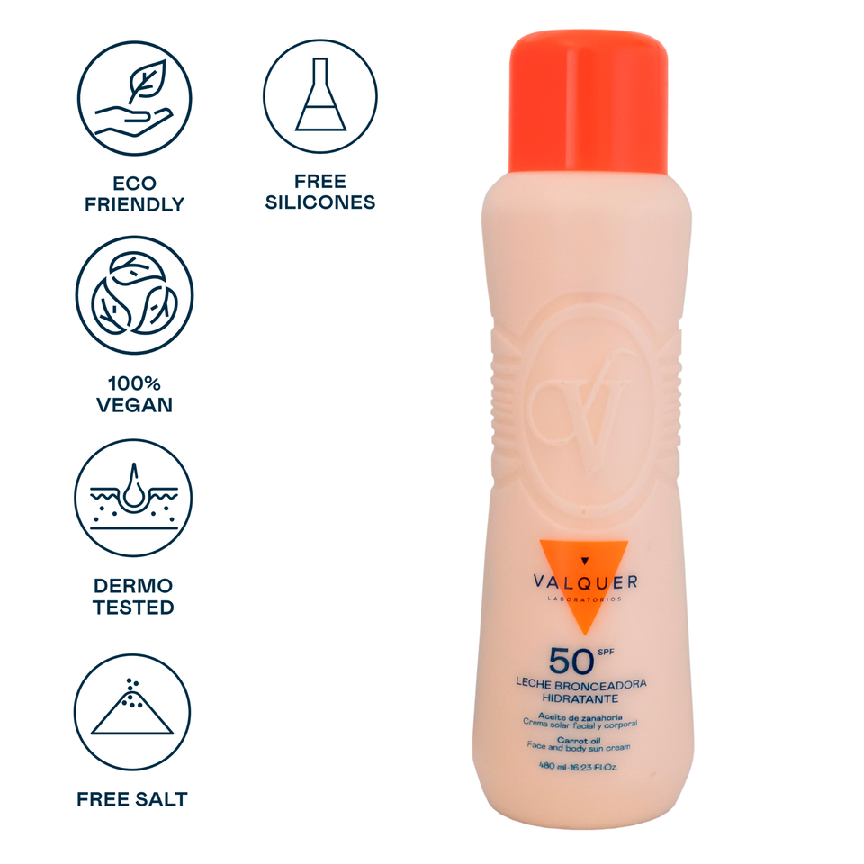 valquer laboratorios Leche hidratante bronceadora de zanahorias facial y corporal SPF 50 - 500 ml Rebajas top